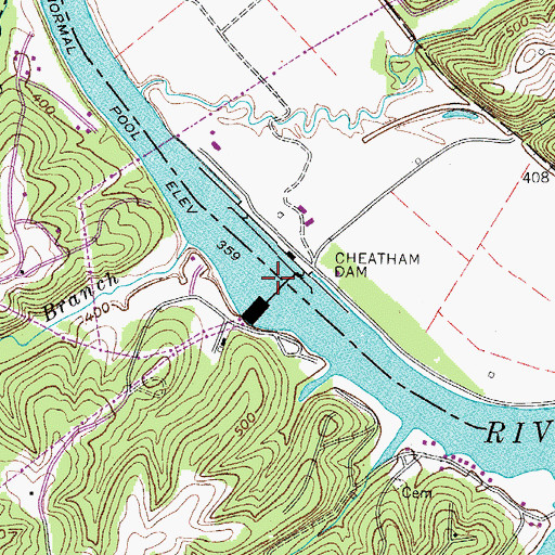 Topographic Map of Cheatham Lake, TN