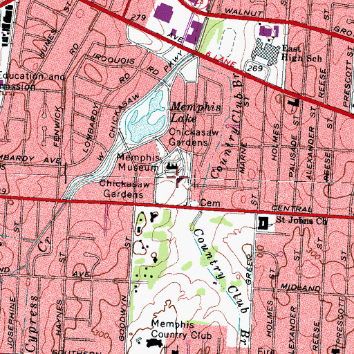 Topographic Map of Chickasaw Gardens, TN