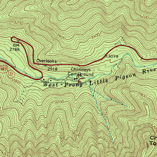Topographic Map of Chimneys Campground, TN