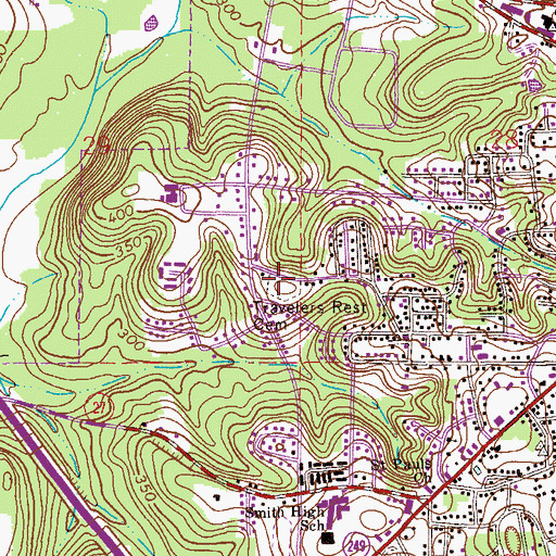 Topographic Map of Travelers Rest Cemetery, AL