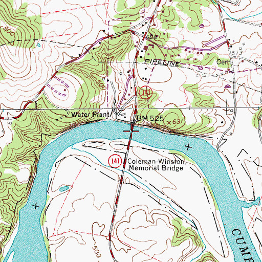 Topographic Map of Coleman-Winston Memorial Bridge, TN
