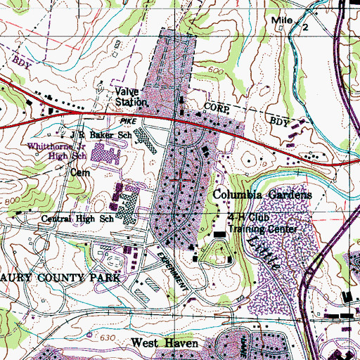 Topographic Map of Columbia Gardens, TN