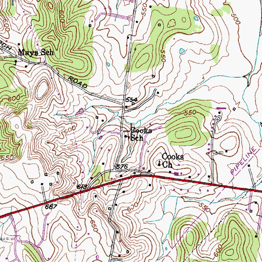 Topographic Map of Cooks School, TN