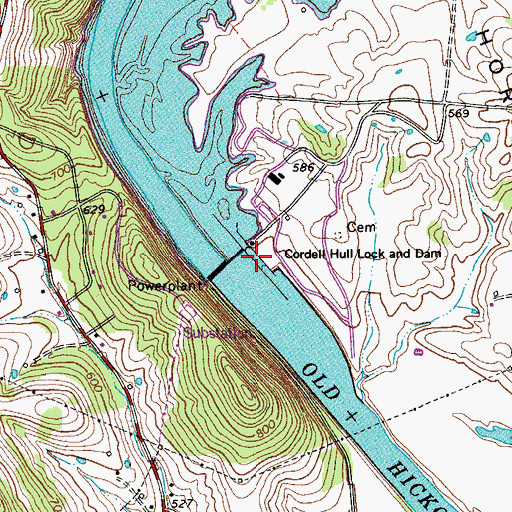 Topographic Map of Cordell Hull Lock and Dam, TN
