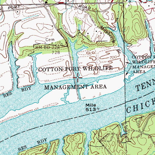 Topographic Map of Cotton Port Wildlife Management Area, TN