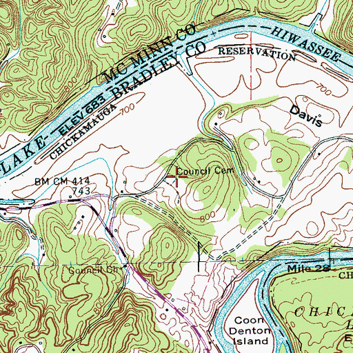 Topographic Map of Council Cemetery, TN