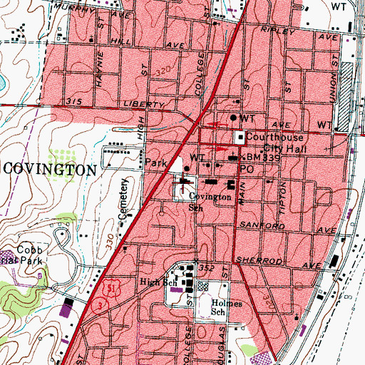 Topographic Map of Covington School, TN