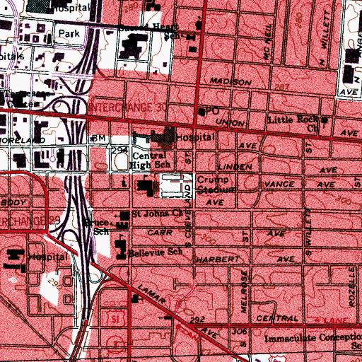 Topographic Map of Crump Stadium, TN