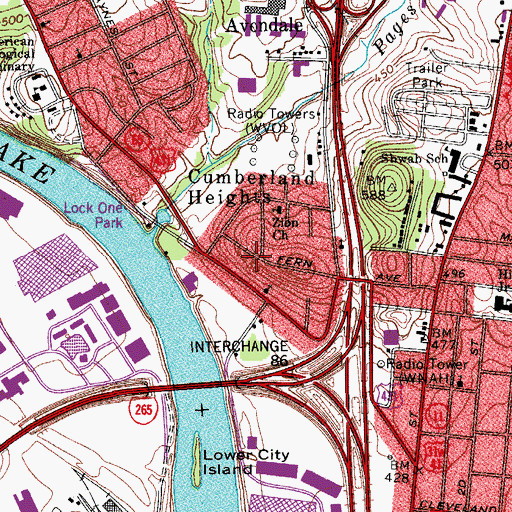 Topographic Map of Cumberland Heights, TN