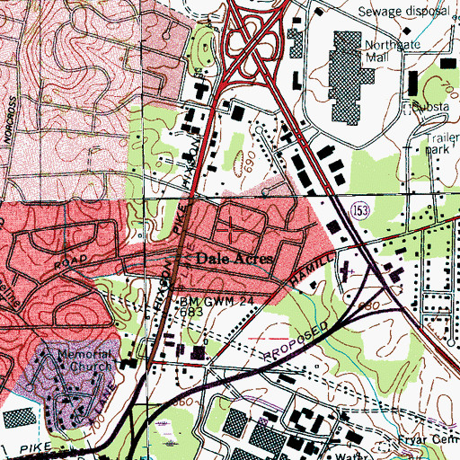 Topographic Map of Dale Acres, TN