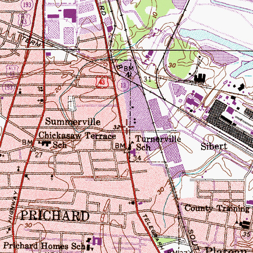 Topographic Map of Turnerville School, AL