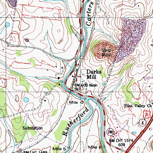 Topographic Map of Darks Mill, TN