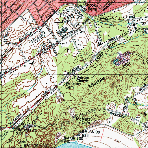 Topographic Map of Delrose Church, TN