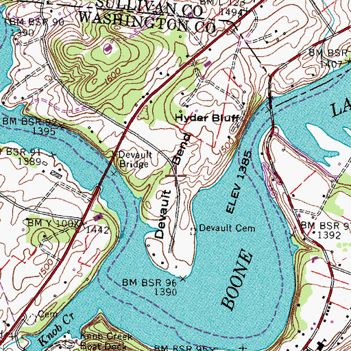 Topographic Map of Devault Bend, TN