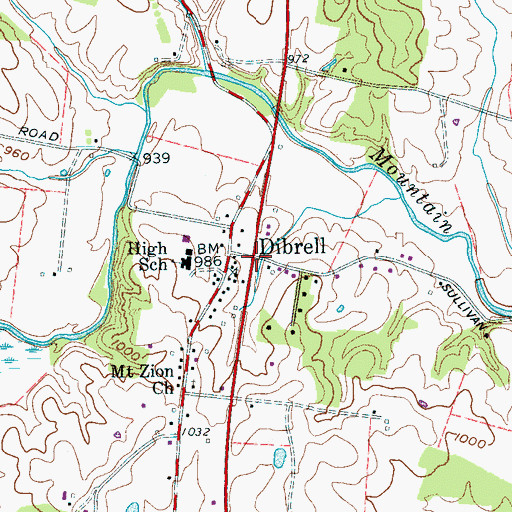 Topographic Map of Dibrell, TN