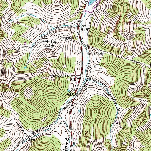 Topographic Map of Dillard Creek Church, TN