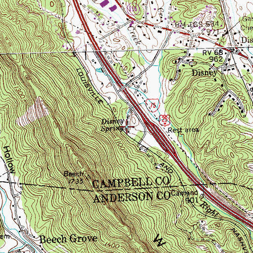 Topographic Map of Disney Spring, TN