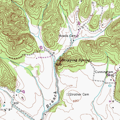 Topographic Map of Dripping Spring, TN