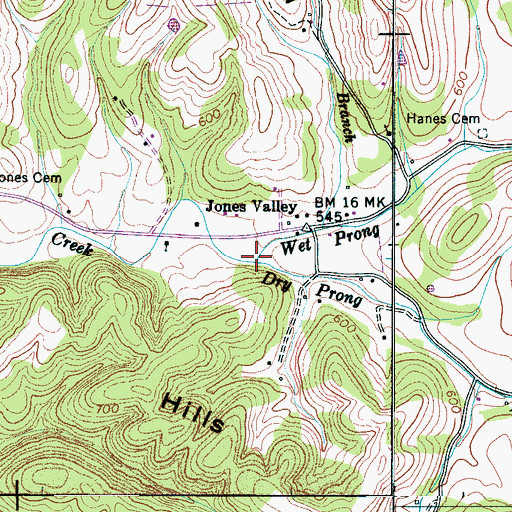 Topographic Map of Dry Prong Leatherwood Creek, TN