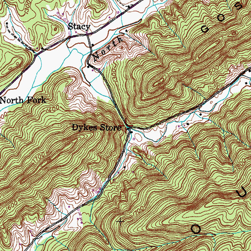 Topographic Map of Dykes Store, TN