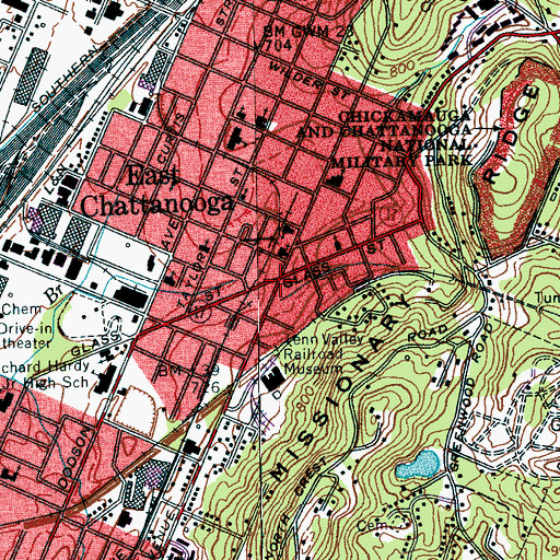 Topographic Map of East Chattanooga, TN