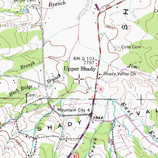 Topographic Map of East Fork Beaverdam Creek, TN