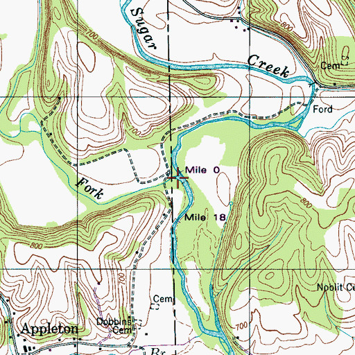 Topographic Map of East Fork Sugar Creek, TN
