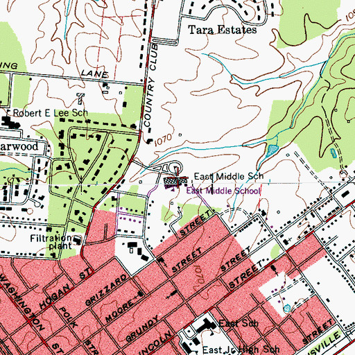 Topographic Map of East Middle School, TN