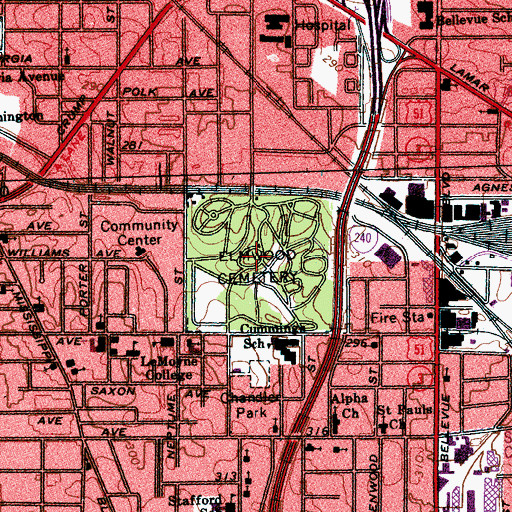 Topographic Map of Elmwood Cemetery, TN