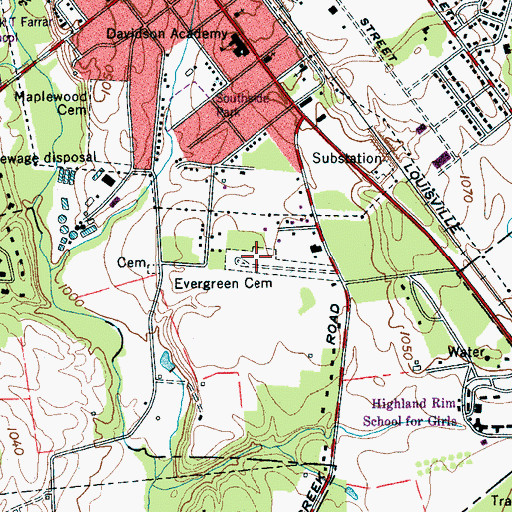 Topographic Map of Evergreen Cemetery, TN