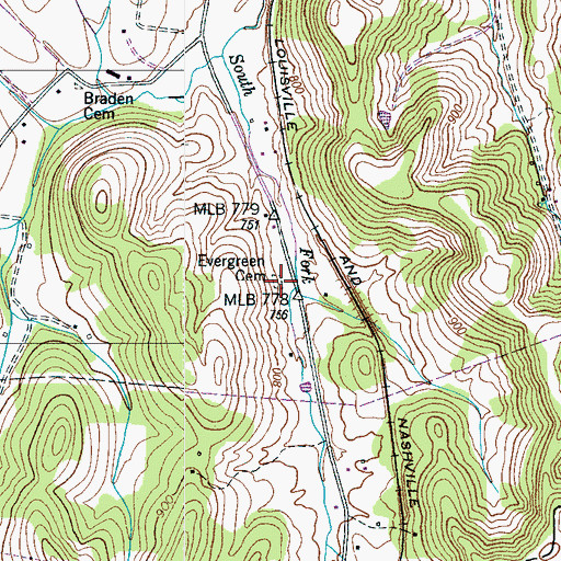 Topographic Map of Evergreen Cemetery, TN