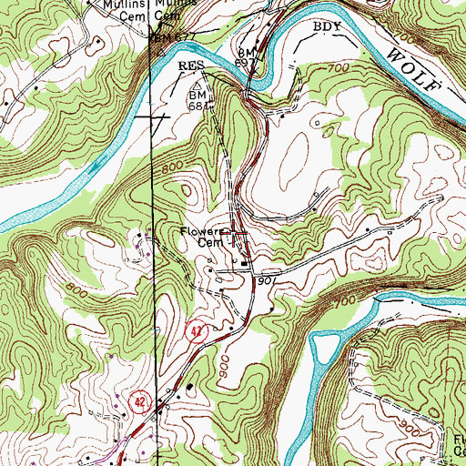 Topographic Map of Flowers Cemetery, TN
