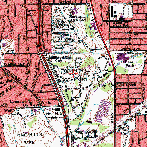 Topographic Map of Forest Hill Cemetery, TN