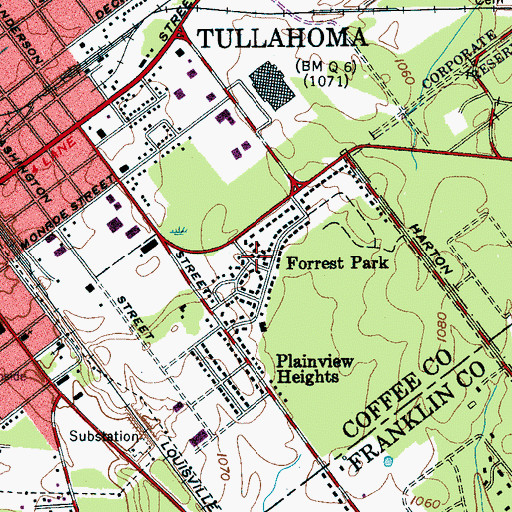 Topographic Map of Forrest Park, TN
