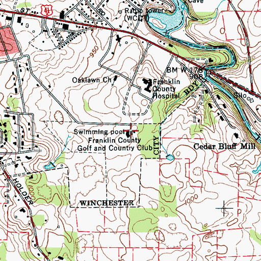 Topographic Map of Franklin County Golf and Country Club, TN