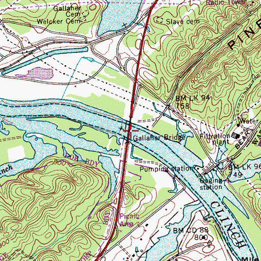 Topographic Map of Gallaher Bridge, TN