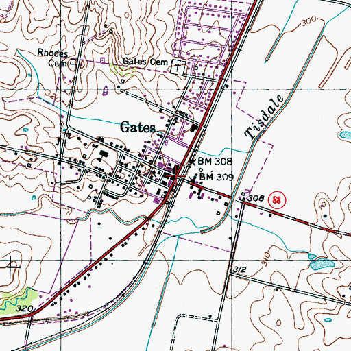 Topographic Map of Gates, TN