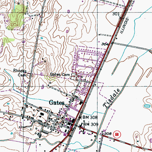 Topographic Map of Gates Cemetery, TN