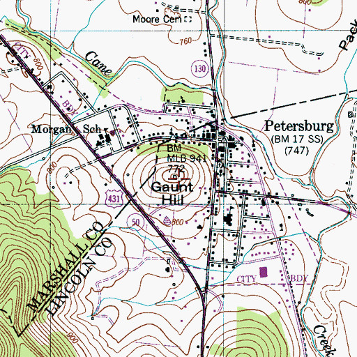 Topographic Map of Gaunt Hill, TN