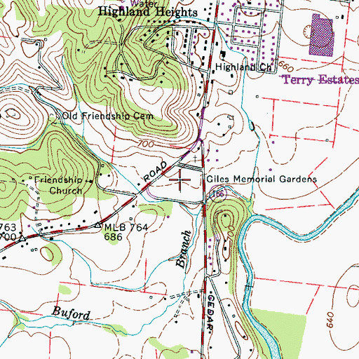 Topographic Map of Giles Memorial Gardens, TN