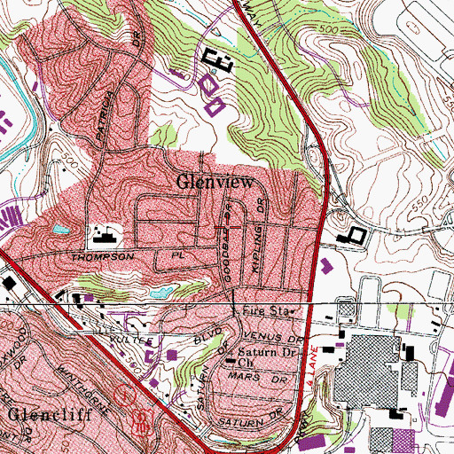 Topographic Map of Glenview, TN