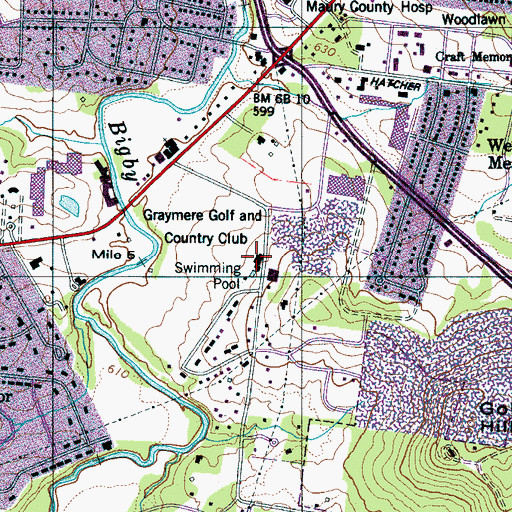 Topographic Map of Graymere Golf and Country Club, TN
