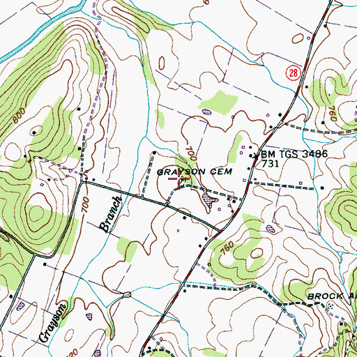 Topographic Map of Grayson Cemetery, TN
