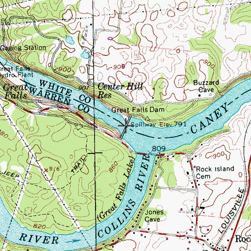 Topographic Map of Great Falls Lake, TN