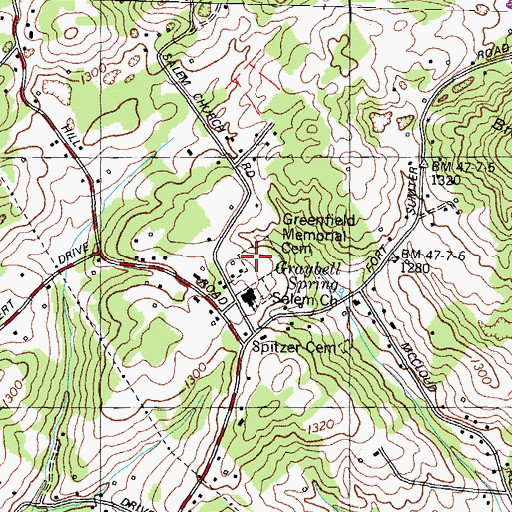 Topographic Map of Greenfield Memorial Cemetery, TN