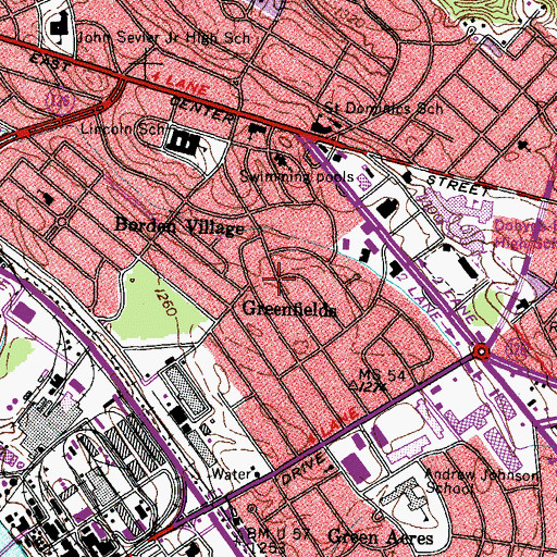 Topographic Map of Greenfields, TN