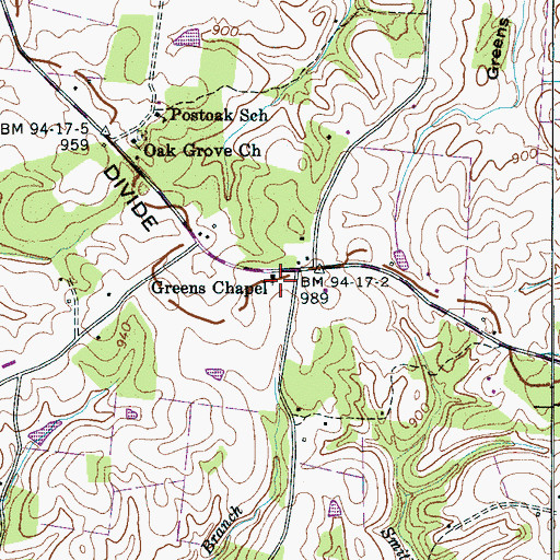 Topographic Map of Greens Chapel, TN