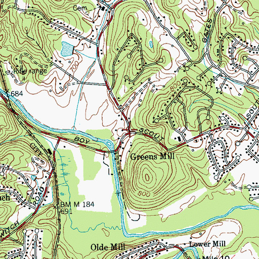 Topographic Map of Greens Mill, TN
