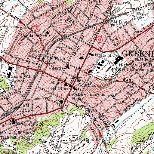 Topographic Map of Greeneville, TN