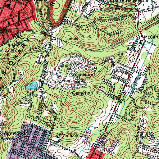 Topographic Map of Greenwood Cemetery, TN